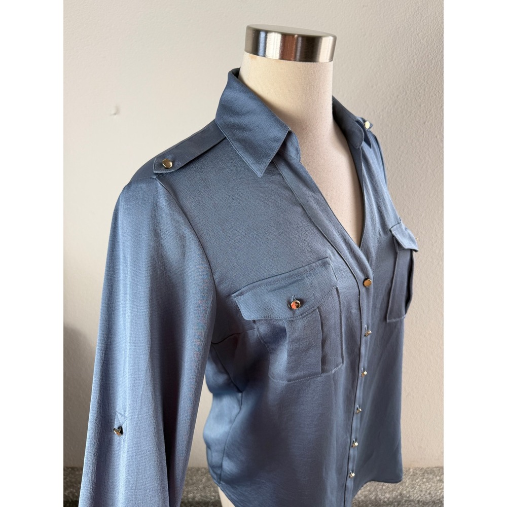 Express Portofino Shirt Womens Small Slim Fit Blue Roll Tab Sleeve Button Up Top - Picture 2 of 7